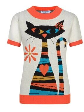 Oxknit Women's Retro Cat Graphic Short-Sleeved  Knit Top – Vintage Vibes